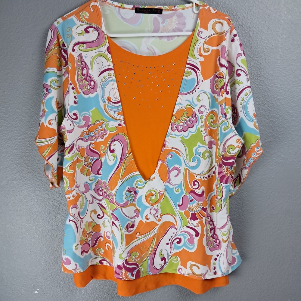 Misses Fashion Women's Paisley Print Rhinestone Blouse V-Neck 2XL Short‎ Sleeve